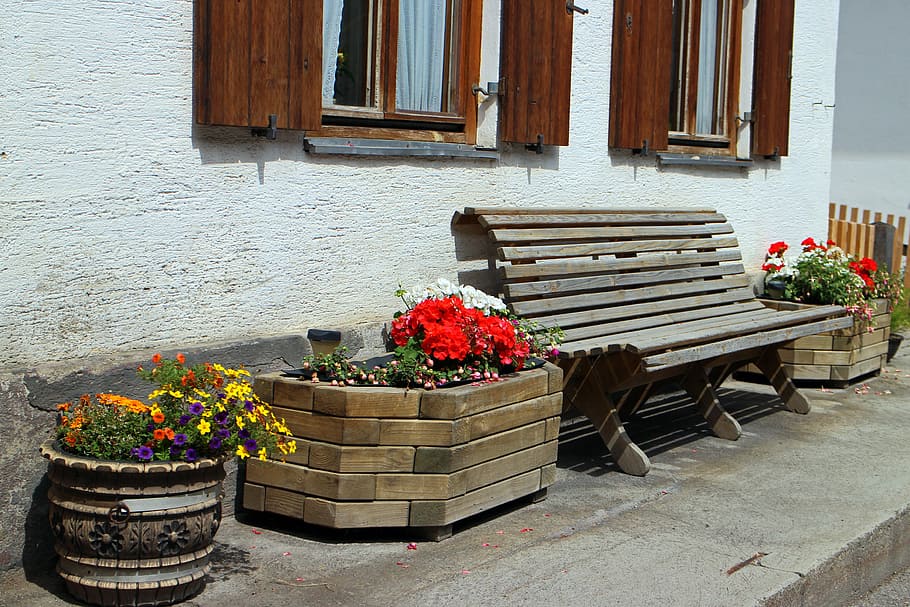 Wooden Bench, Bank, Sit, bench, home, hauswand, hof, garden, flowers, planters
