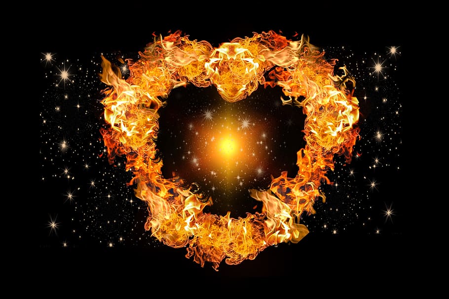 heart-shaped fire, burning, digital, wallpaper, fire, heart, light, gloss, love, valentine's day