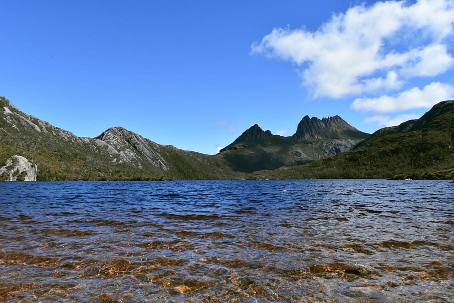 austrália, tasmânia, montanha do berço, lago, água, turista, céu azul, arbusto, verão, águas claras