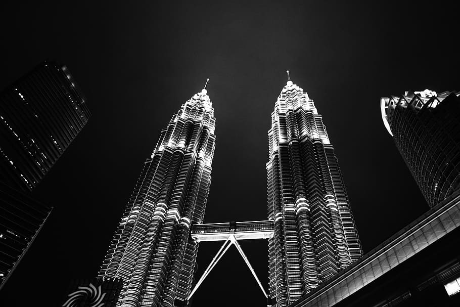 Klcc, Night, Black, White, Twin, Tower, black, white, twin, tower, malaysia, architecture