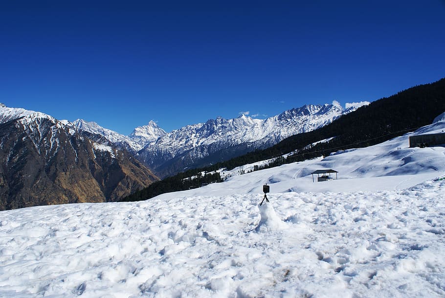 plano de fundo, natureza, montanha, azul, céu, neve, pico de neve, himalaia, uttarakhand, auli