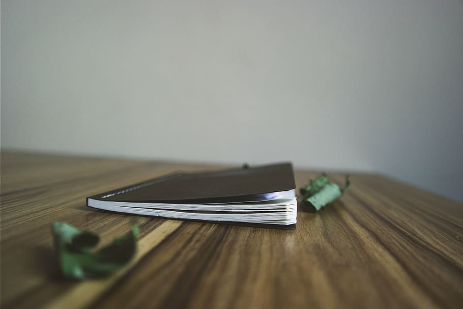 book, wooden, surface, black, notepad, notebook, blur, table, leaf, wood - material