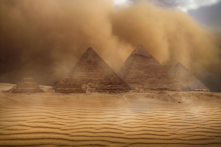 desert, pyramids, sand, storm, landscape, egyptian, pyramid, architecture, ancient, travel destinations