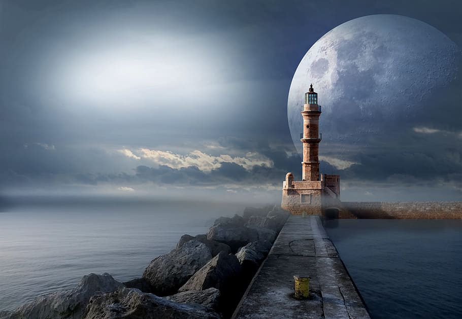 gray, lighthouse, full, moon illustration, signal, quay wall, science, astronomy, space, planet