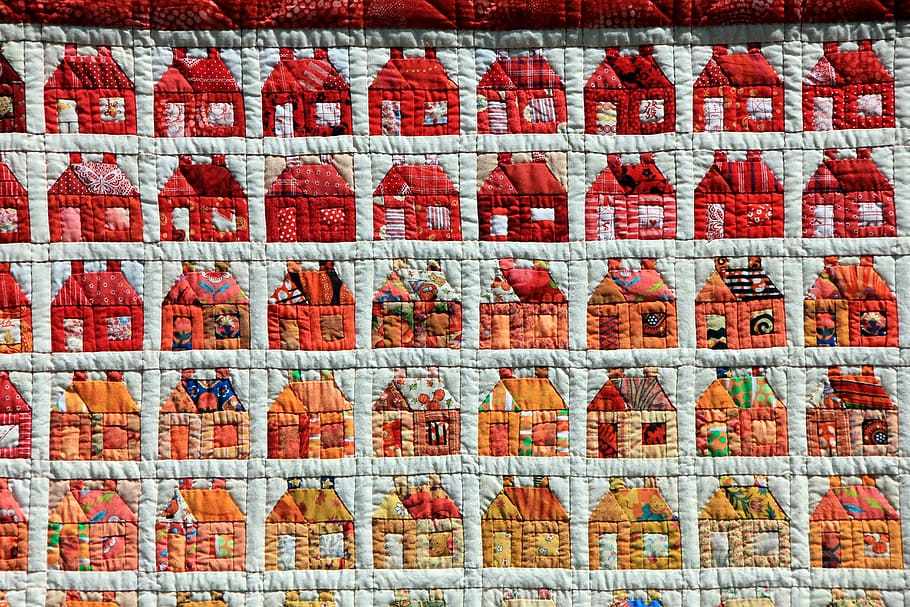 house print quilt blanket, hand labor, sew, patchwork, home, full frame, backgrounds, pattern, red, day