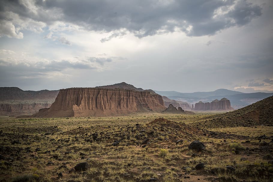 brown, cliff, cloudy, sky, daytime, scenic, landscape, panorama, upper cathedral valley, capitol reef national park