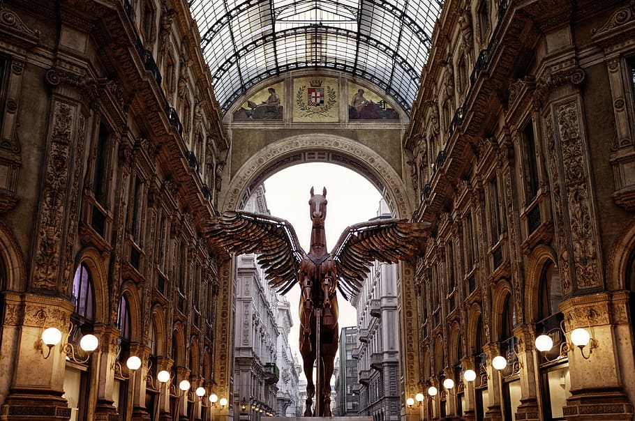 estátua cavalo, em pé, terreno, Milão, Pégaso, galeria, estátua, Vittorio Emanuele II, arquitetura, história