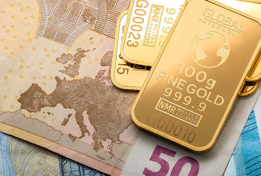 100 g, rectangular, barra de oro fino, 50 billetes, oro, dinero, barras de oro, el oro es dinero, finanzas, euro