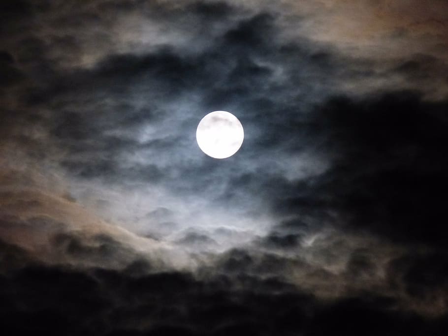 baixo, foto do ângulo, branco, cheio, lua, lua cheia, nuvens, escuridão, céu, noite