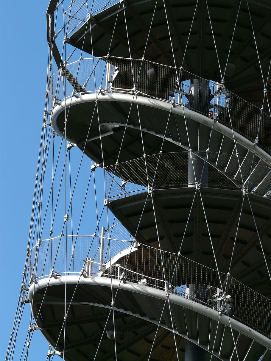 階段, らせん階段, 金属, 徐々に, ロープ, 鋼ケーブル, モダン, ビュー, 展望塔, タワー
