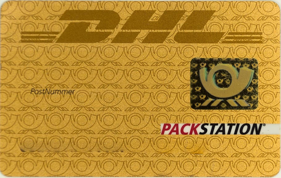 dhl, card, yellow, post, pack station, access, identification, gold, pin, text