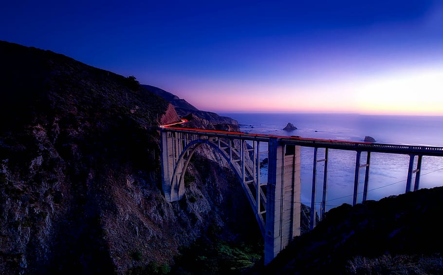 mountain, bridge, day time, big sur, california, landscape, mountains, sunset, dusk, sea