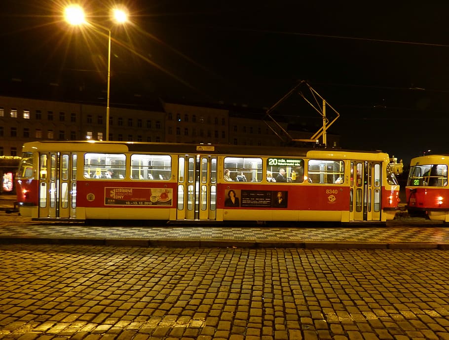tram, the vehicle, rails, transport, communication, travel, night, pavement, package, railway