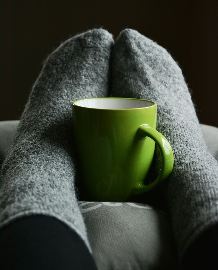green, ceramic, mug, gray, pillow, stockings, cup, cozy, relaxation, rest