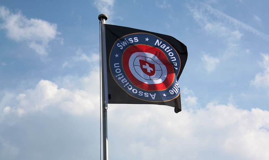 Flag, Swiss, Nra, sky, text, cloud - sky, outdoors, day, sign, communication