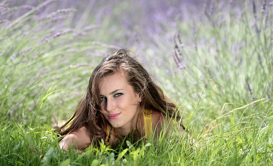 woman, yellow, top, lying, grassfield, girl, lavender, flowers, mov, beauty