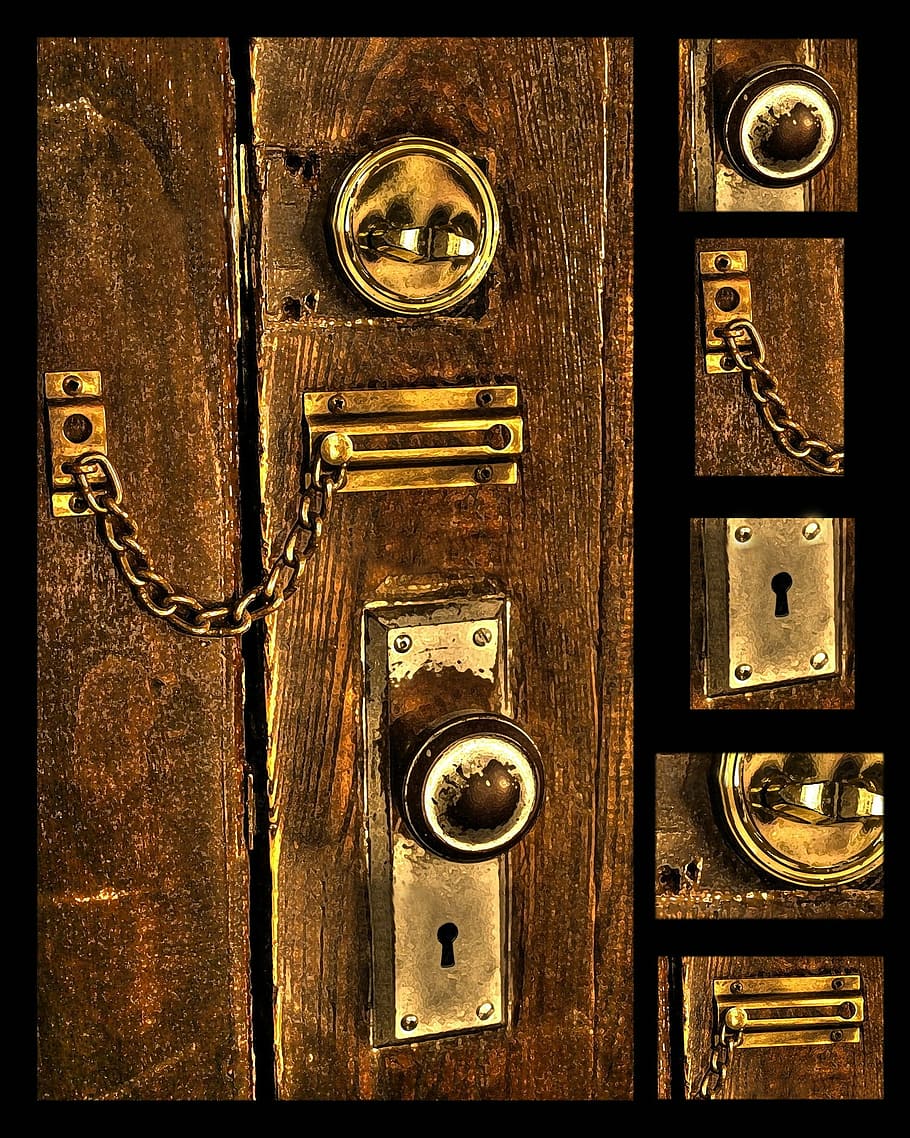 pintu, rantai, kunci, kait, lubang kunci, pintu kayu, kayu, tua, coklat, gembok
