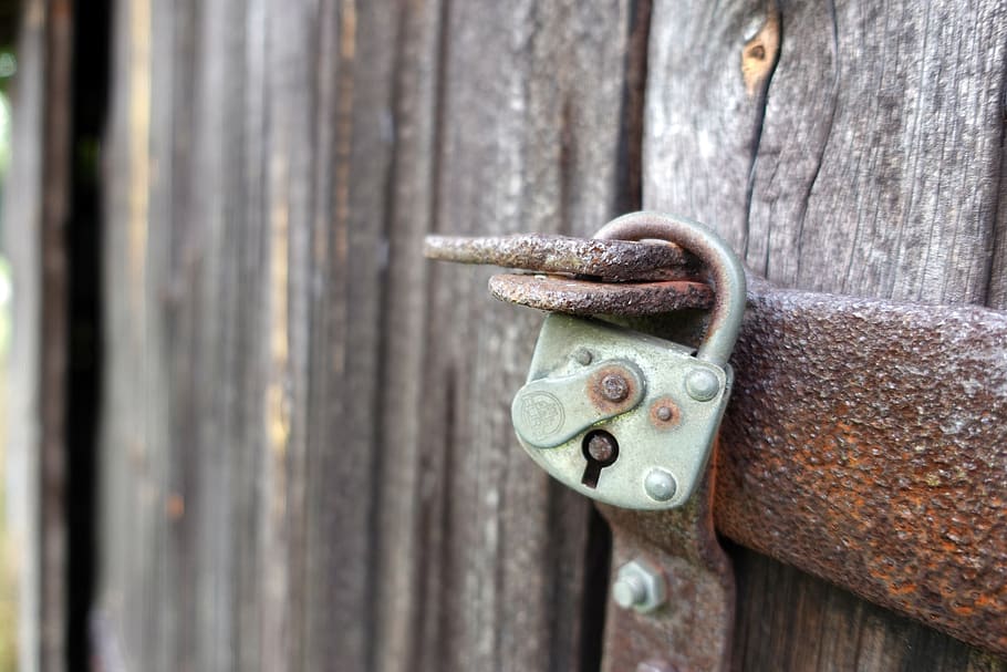 padlock, alu-castle, iron, rust, wood, wood grain, metal, rusty, door, close-up