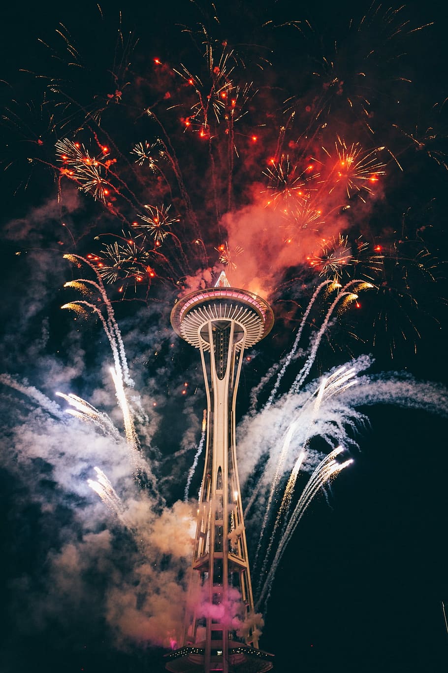fireworks, night time, Space Needle, night, fire - Natural Phenomenon, celebration, firework Display, exploding, red, arts culture and entertainment