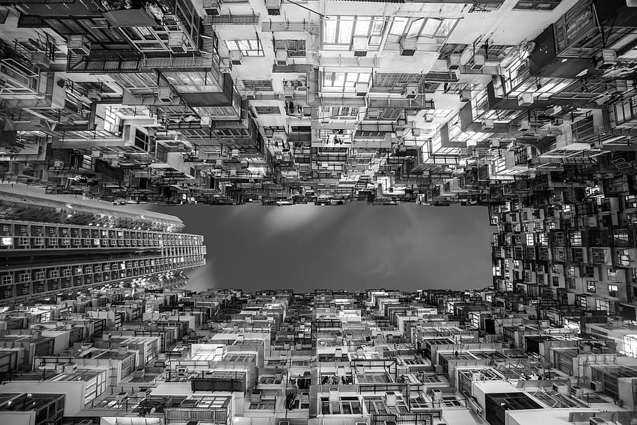 low-angle grayscale photo, high-rise, buildings, hong kong, city, urban, perspective, upward, black and white, architecture