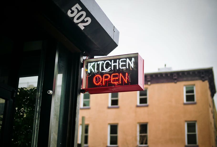 kitchen, open, neon sign, sign, restaurant, food, dine, architecture, text, building exterior