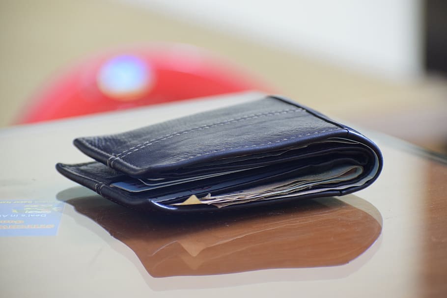 selective, focus photography, black, bifold wallet, table, Wallet, Money, Cash, Currency, Purse
