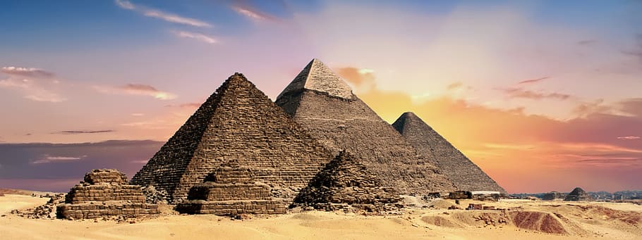 gris, naranja, nubes, pirámide, foto, pirámides, egipto, pancarta, encabezado, egipcio