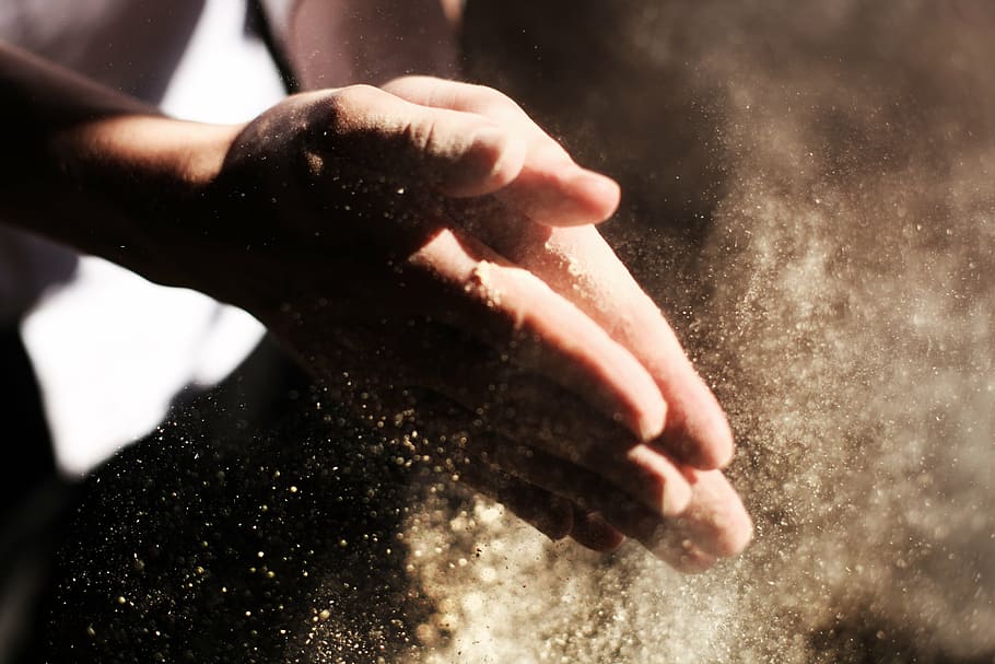 macro photography, person, hands, clapping, dust, flour, bakery, craftsman, particles, light