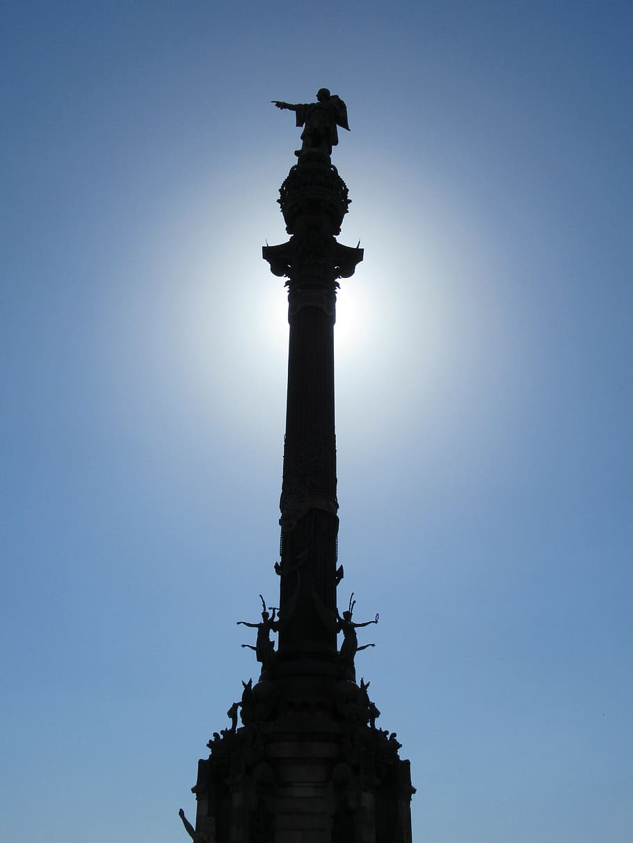 tower, christopher colombus, barcelona, spain, sun, monument, sculpture, statue, sky, human representation