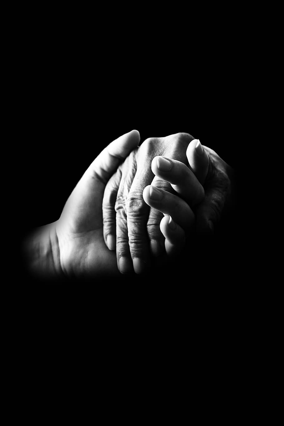 grayscale photo, two, hands, holding, compassion, help, old, care, support, assistance