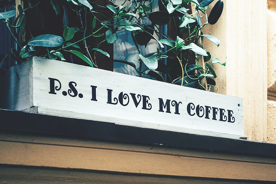 p.s., me encanta, señalización de café, p, s, amor, café, impreso, planta, contenedor