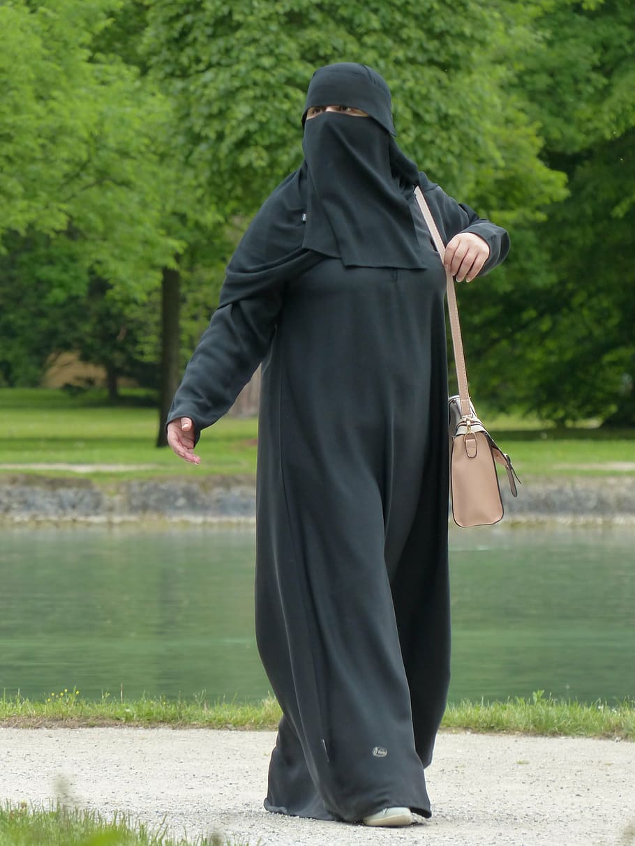 woman, wearing, black, long-sleeved, top, niqab, muslim, girl, muslim woman, islam