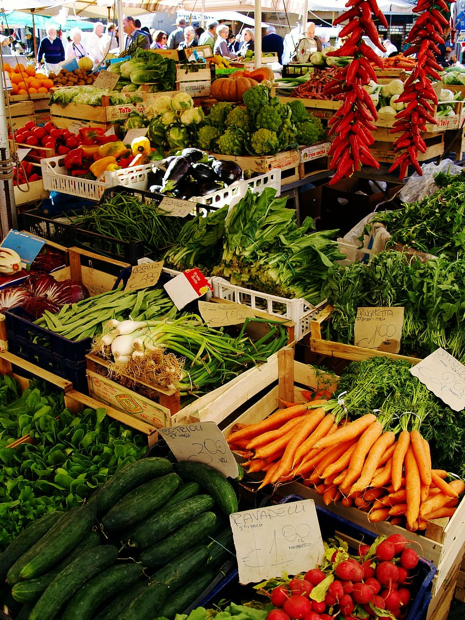 人々, 集まった, 食品市場, 市場, 野菜, 食品, 新鮮, 健康, フルーツ, スタンド