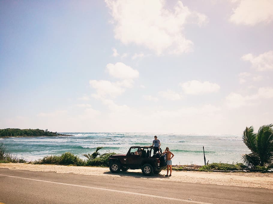 two, man, jeep wrangler, roadside, body, water, sea, clouds, nature, trees
