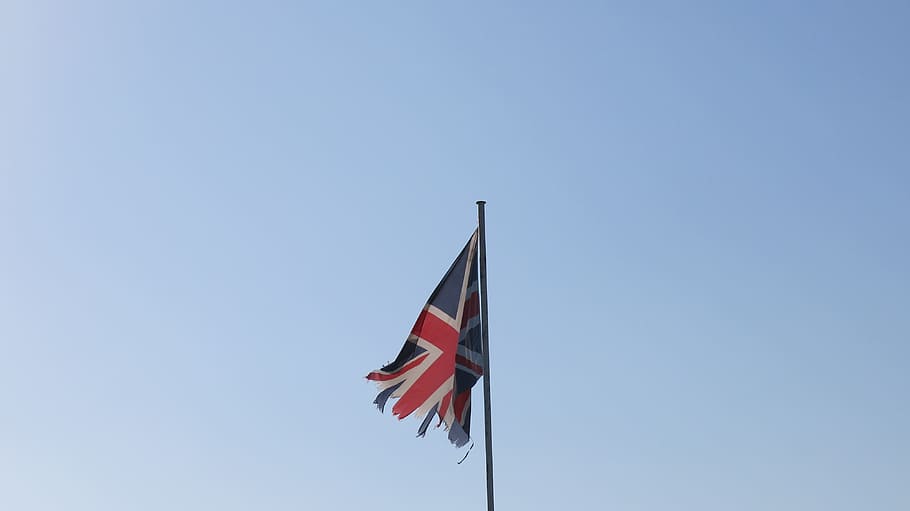 깃발, 영국, brexit, 유럽, 유니온 잭, 찢어진, 애국심, 낮은 각도보기, 하늘, 푸른
