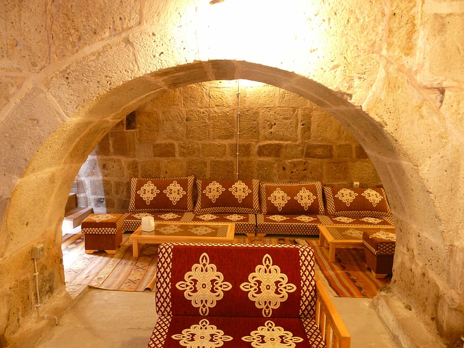 caravanserai, hostel, interior, living room, oriental, seating area, asırlık selçuklu hanı, cappadocia, turkey, architecture