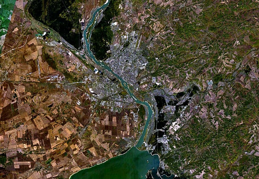 Imagem de satélite, Novosibirsk, Rússia, foto, domínio público, vista aérea, rio, natureza, água, alto ângulo vista