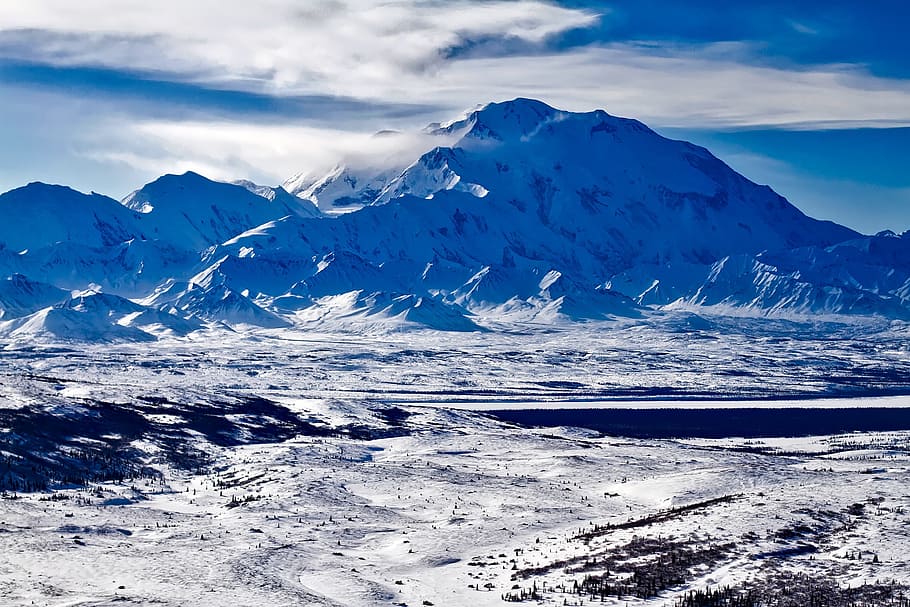 nieve, cubierto, montañas, durante el día, denali, parque nacional, alaska, monte, cielo, nubes