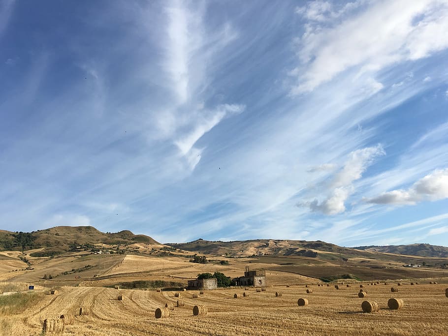 sicily, wheat, landscape, sky, agriculture, campaign, cloud, nature, bale, rural Scene