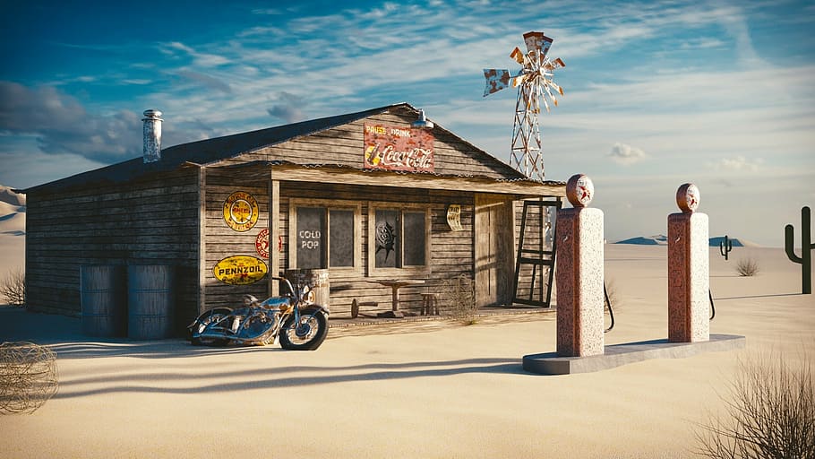 motorcycle, brown, building, cloudy, sky, daytime, illustration, gas station, 1950s, blender