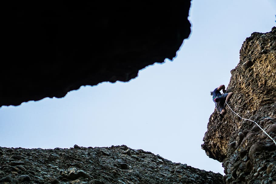 man, climbing, rock, mountain, blue, sky, hill, cliff, people, rappelling