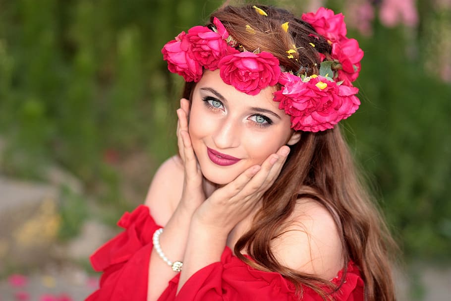 woman, wears, red, off-shoulder shirt, flower headdress, girl, flowers, wreath, green eyes, roses