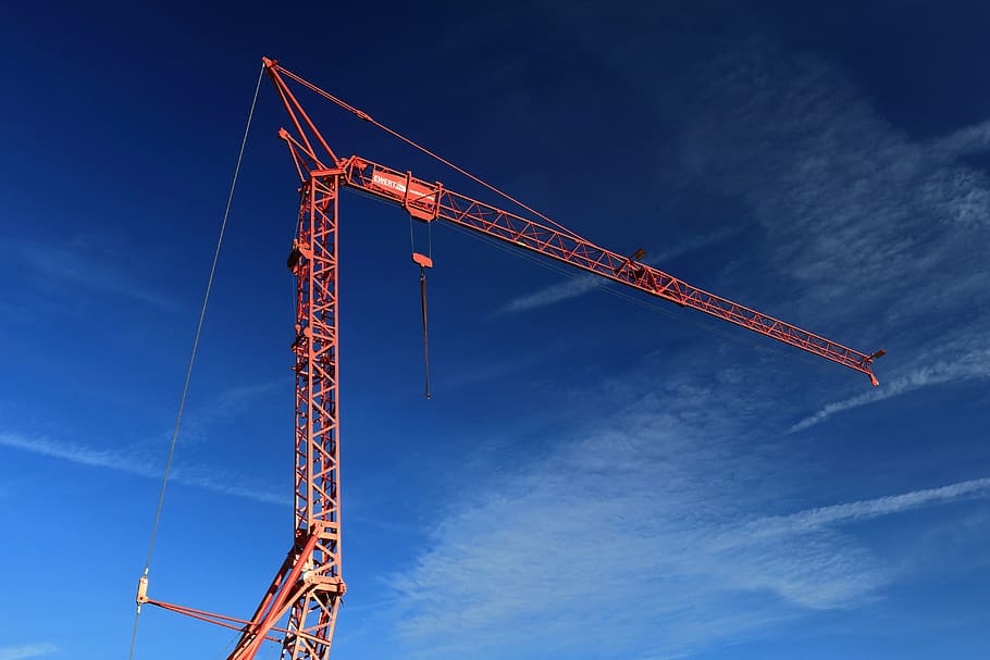 red, crane, cloudy, sky, baukran, site, technology, construction work, crane boom, boom