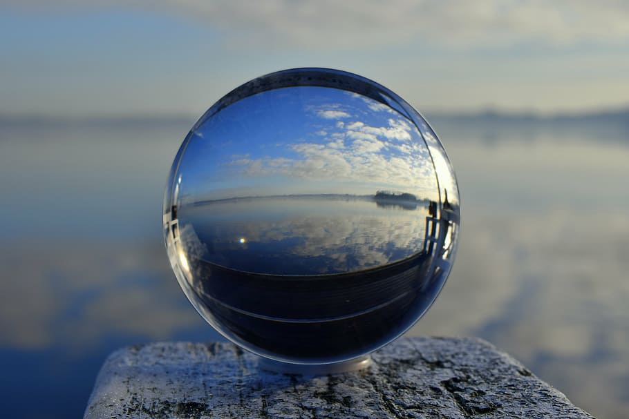 bola, lago, teia, nuvens, água, céu, reflexão, bola de cristal, ninguém, único objeto