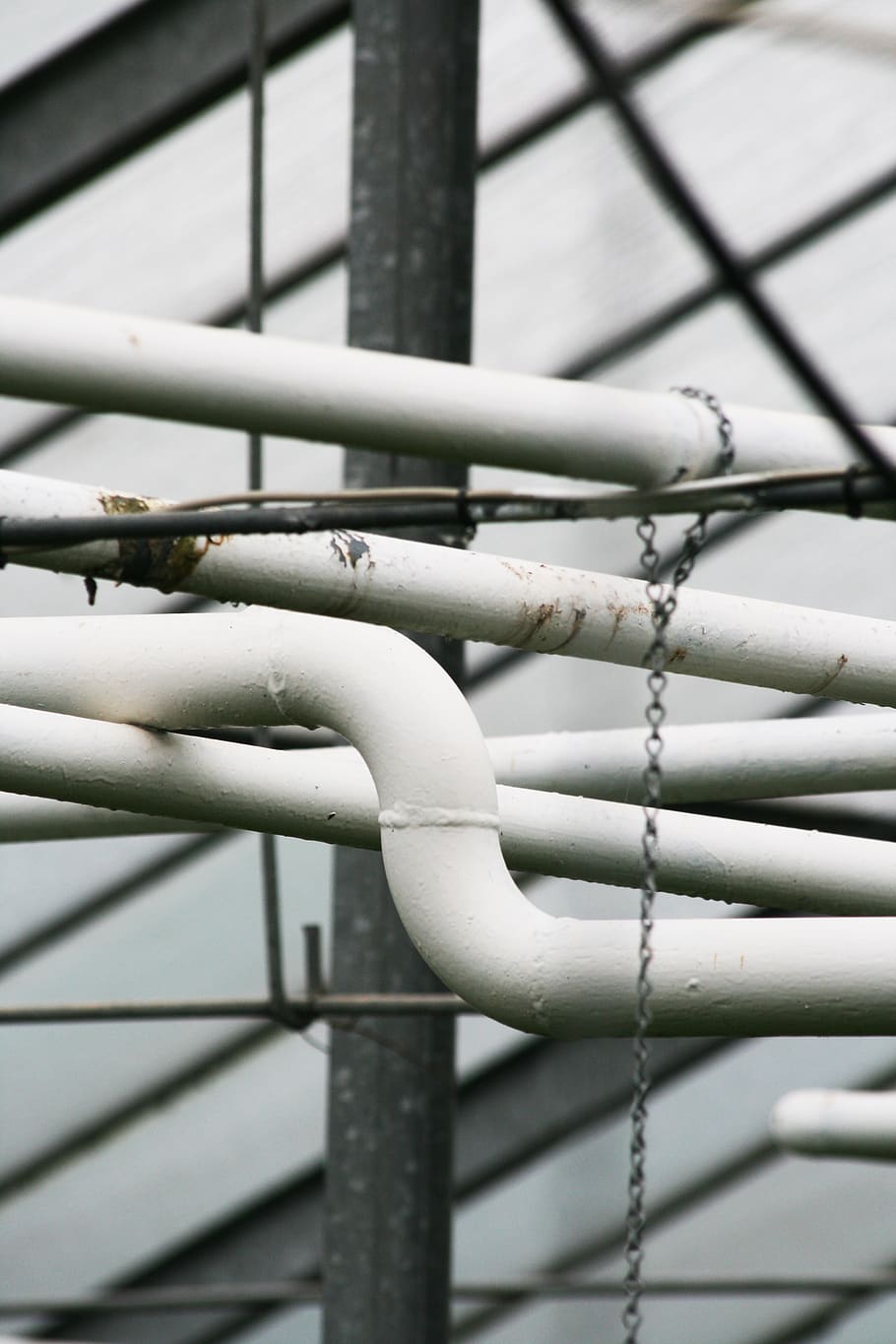 pipes, technology, metal, steel, greenhouse, day, focus on foreground, close-up, white color, pipe - tube