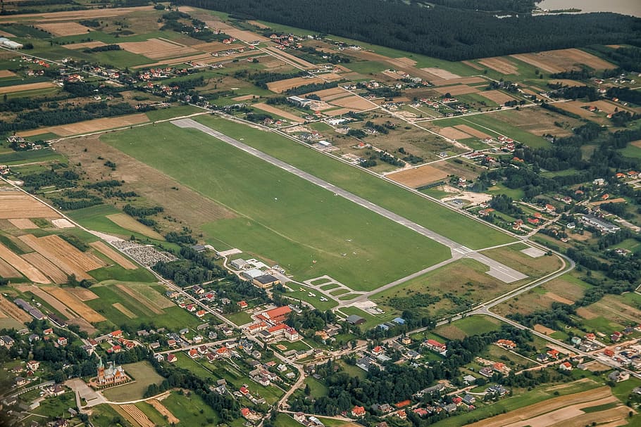 airport, runway, aerial photo, masłów, swietokrzyskie, poland, aerial view, environment, field, land