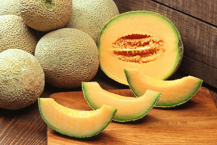 sliced, melon, brown, chopping, board, chopping board, muskmelons, cantaloupes, fruit, fruits