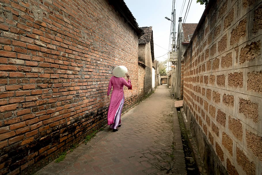 Las mujeres, rosa, manga larga, superior, caminar, pared de ladrillo, el antiguo pueblo, camino forestal, Hanoi, la tradición
