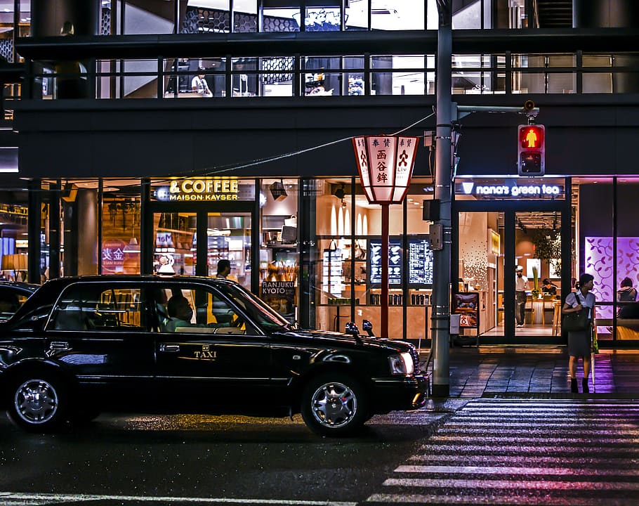 kyoto, Jepang, malam, kota, taksi, Pemandangan kota, jalan, fotografi, lampu, neon