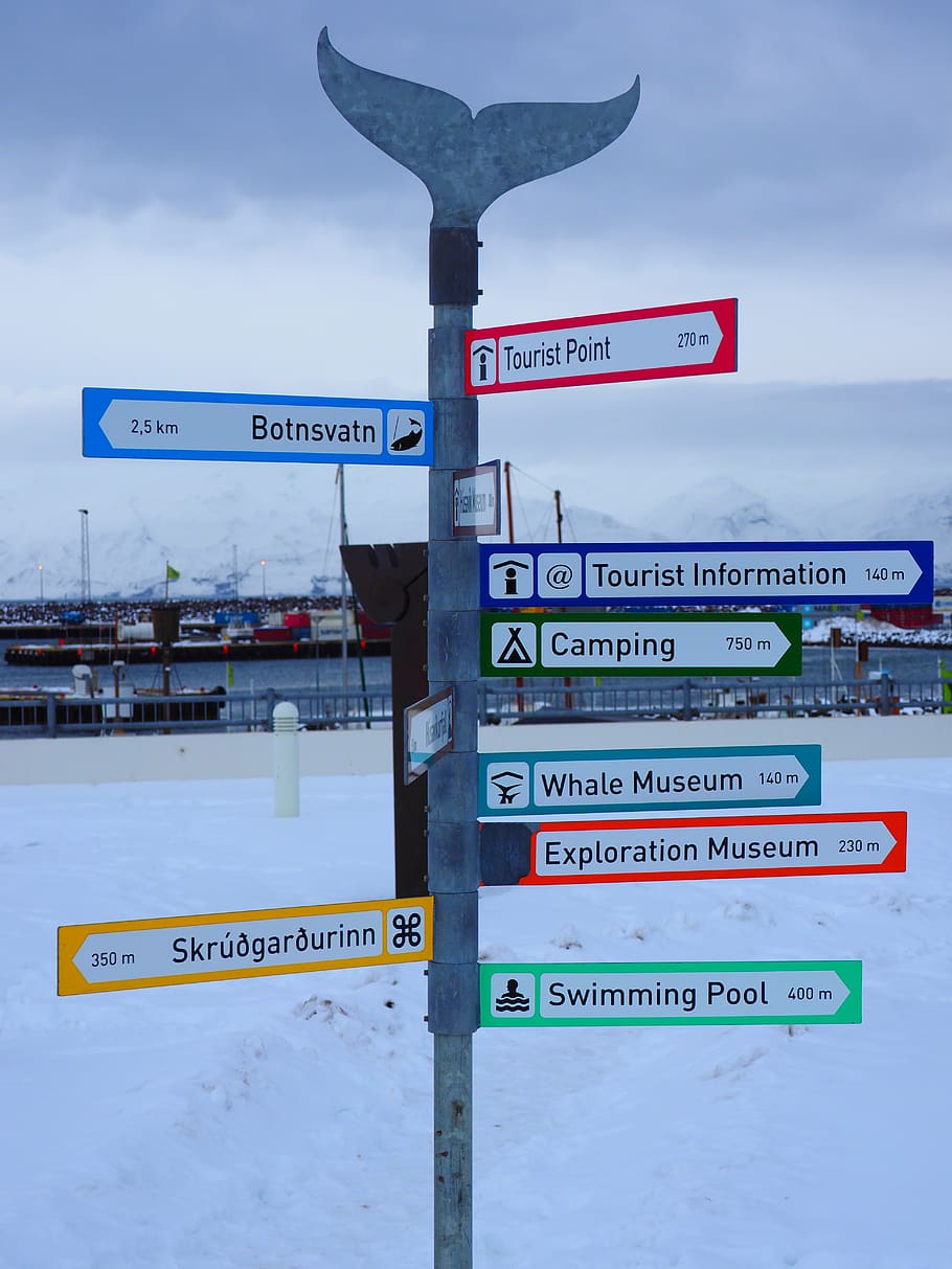 signposts, akureyri, directory, iceland, street sign, direction, shield, path direction, note, wise direction